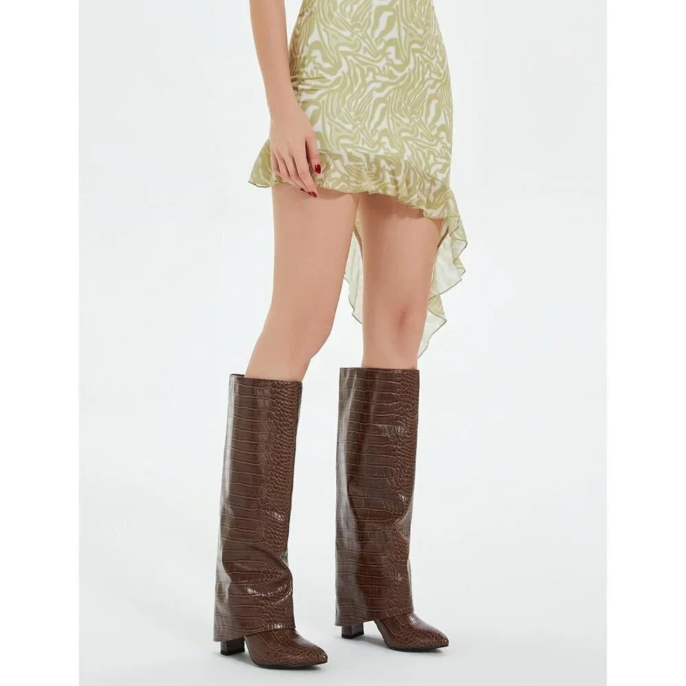 Women Crocodile-brown Leather Fold Over Knee High Chunky High Heels Long Boot